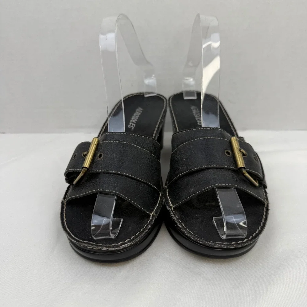 Vintage Y2K Aerosoles Black Leather Wedge Slide Sandals Buckle Detail Womens 6.5